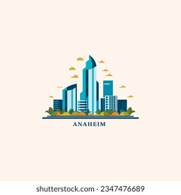 EEUU Estados Unidos de América Anaheim moderno diseño del paisaje de la ciudad. Icono de estado plano vector Panorama de California con formas abstractas de monumentos, rascacielos, panorama, edificios