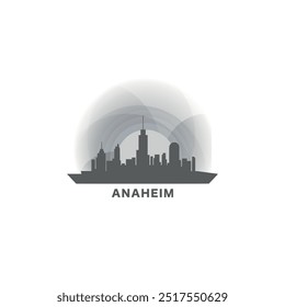 USA Estados Unidos de América Anaheim moderno paisaje de la ciudad skyline logo. Icono del estado de California del Vector del panorama con las Formas abstractas de Lugares famosos, rascacielos, panorama, edificios al atardecer de la salida del sol