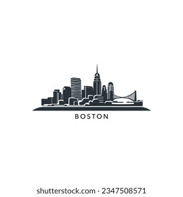 EEUU Estados Unidos de América Boston moderna ciudad paisaje logo de la línea de paisaje. Panorama vector plano USA Massachusetts icono de estado con formas abstractas de monumentos, rascacielos, panorama, edificios