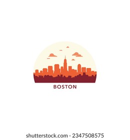 EEUU Estados Unidos de América Boston moderna ciudad paisaje logo de la línea de paisaje. Panorama vector plano USA Massachusetts icono de estado con formas abstractas de monumentos, rascacielos, panorama, edificios al amanecer