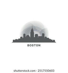 USA United States of America Boston modern city landscape skyline logo. Panorama vector flat US Massachusetts state icon with abstract landmarks, skyscraper, panorama, buildings at sunrise, sunset