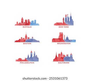 USA, United States of America cities skyline vector logo, icon set. New York, Pennsylvania, Massachusetts, Maryland, Buffalo, NYC, Boston, Washington, Baltimore, Philadelphia silhouette collection 