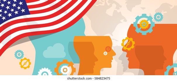 USA United States of America concept of thinking growing innovation discuss country future brain storming under different view represented with heads gears and flag vector