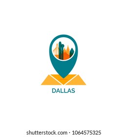 USA United States of America Dallas city skyline landscape silhouette vector logo icon. Cool urban horizon map pin point geolocation  illustration concept 