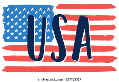 USA. United States Of America flag in grunge style and hand drawn lettering. Vector illustration