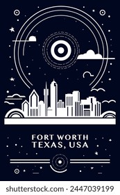 Afiche vintage de la ciudad de Fort Worth con paisaje urbano abstracto y horizonte. Ilustración retro del blanco y negro del Vector para la ciudad de Texas