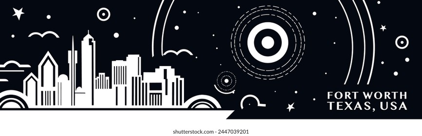 USA United States of America Fort Worth city vintage banner with abstract black and white cityscape and skyline. Retro vector horizontal illustration for Texas state
