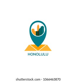 USA United States of America Honolulu city skyline landscape silhouette flat vector logo icon. Cool urban horizon map pin point geolocation illustration concept