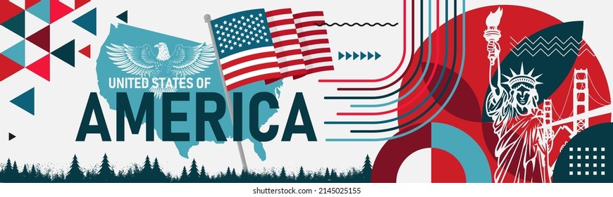 USA or United States of America independence day banner for 4th of July. Red Blue abstract retro background design with statue of liberty, American flag and map. National eagle. Vector Illustration.