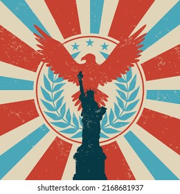 USA or United States of America independence day banner. Red Blue abstract retro background design with statue of liberty, American flag and map. National eagle. Vector Illustration.