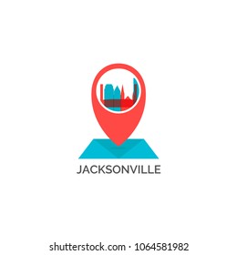 USA United States of America Jacksonville city skyline landscape silhouette vector logo icon. Cool urban map pin point geolocation horizon illustration concept