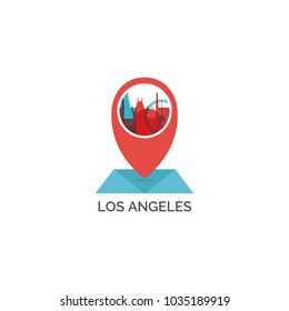 USA United States of America LA Los Angeles map city pin point geolocation modern skyline shape pointer vector flat logo icon illustration