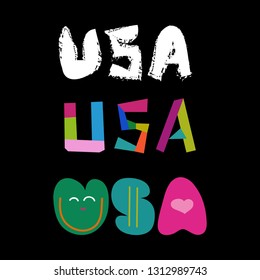 USA United States of America lettering text Smile dollar money heart logo icon sign Modern grunge children's design style Independence Day 4 July Fashion print clothes greeting invitation card banner