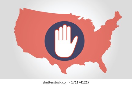 USA united states of america map with no entry immigration stop hand during covid 19 coronavirus pandemic. Illustration Vector. Travel ban.