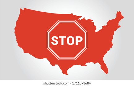 USA united states of america map with stop sign on immigration during covid 19 coronavirus pandemic. Illustration Vector. Travel ban.