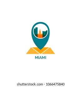 USA United States of America Miami city skyline landscape silhouette vector logo icon. Cool urban horizon map pin point geolocation illustration concept