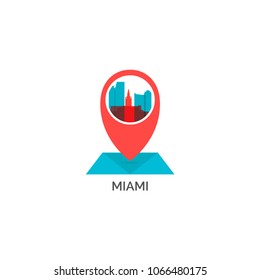 USA United States of America Miami city skyline landscape silhouette vector logo icon. Cool urban horizon map pin point geolocation illustration concept