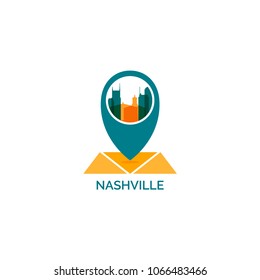 USA United States of America Nashville city skyline landscape night silhouette vector logo icon. Cool urban horizon map pin point geolocation illustration concept