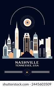 USA United States of America Nashville city vintage poster with abstract cityscape and skyline. Retro vector colorful illustration for Tennessee country music town