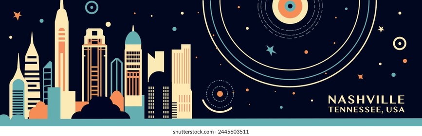 USA Estados Unidos de América Anuncio vintage de la ciudad de Nashville con paisaje urbano abstracto y horizonte. Ilustración Horizontal de Vector retro para el estado de Tennessee