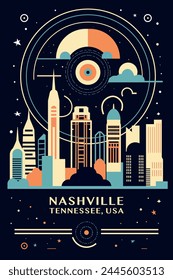 Afiche vintage de la ciudad de Nashville con paisaje urbano abstracto y horizonte. Ilustración colorida de Vector retro para la ciudad de la música country de Tennessee