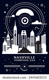 USA United States of America Nashville city vintage poster with abstract cityscape and skyline. Retro vector black and white illustration for Tennessee country music town