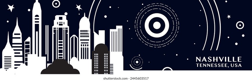 USA United States of America Nashville city vintage banner with abstract black and white cityscape and skyline. Retro vector horizontal illustration for Tennessee state