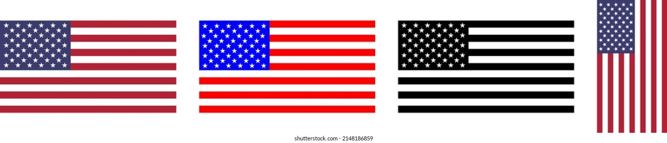 USA United States of America national flag set bright, black, vertical american waving us 4th july ensign isolated on white background