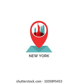 USA United States of America New York map city pin point geolocation modern skyline shape pointer vector flat logo web icon illustration