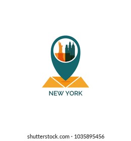 USA United States of America New York map city pin point geolocation modern skyline shape pointer vector flat logo web icon illustration