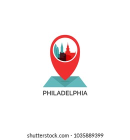 USA United States of America Philadelphia map city pin point geolocation modern skyline shape pointer vector flat logo web icon illustration