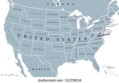 USA United States of America political map with capital Washington, single states, neighbor countries and borders except Hawaii and Alaska. Gray colored illustration with English labeling and scaling.