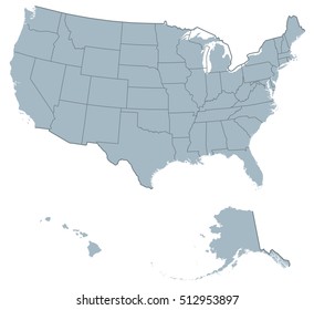 USA United States of America political map. The U.S. states including Alaska and Hawaii with national and international borders. Gray colored illustration on white background.