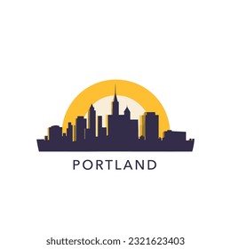 EEUU Estados Unidos de América Portland moderno ciudad paisaje logotipo de la línea aérea. Icono de Oregón plano vector panorama con formas abstractas y puesta de sol, amanecer