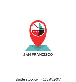 USA United States of America San Francisco map city pin point geolocation modern skyline shape pointer vector flat logo web icon illustration