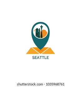 USA United States of America Seattle map city pin point geolocation modern skyline shape pointer vector flat logo web icon illustration