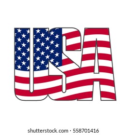 USA United States Of America Text Graphic Logo With American Flag Red And Blue Stars And Stripes Pattern. USA Symbol Word Text Vector American Flag.