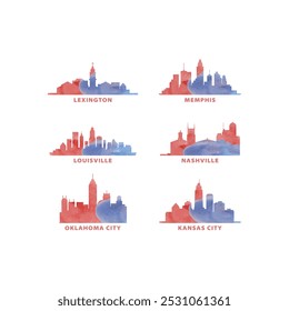 Logo del Vector de los Estados Unidos de América, conjunto de iconos. Kentucky, Tennessee, estado de Oklahoma Lexington, Memphis, Louisville, Nashville, ciudad de Oklahoma, colección gráfica del horizonte de la ciudad de Kansas 