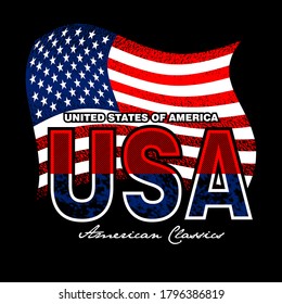 USA United States of America. Vintage typography design vector illustration. Clothing, apparel and other uses. Abstract design with grunge and denim style. Vector typography print poster. Global swatches.