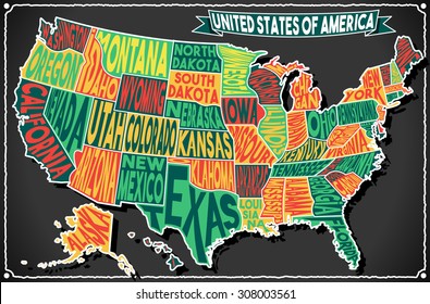 USA United States America Vintage Map Old Vintage Blackboard. Retro Postcard Georgia Texas California Vector handwritten Typography Illustration