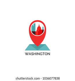 USA United States of America Washington map city pin point geolocation modern skyline shape pointer vector flat logo web icon illustration