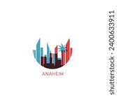 USA United States Anaheim cityscape skyline city panorama vector flat modern logo icon. US California American county emblem idea with landmarks and building silhouette