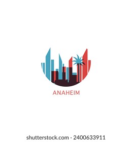 Estados Unidos Anaheim paisajes de la ciudad de Anaheim vista panorámica vector plano icono de logotipo moderno. Idea de emblema del condado estadounidense de California con monumentos y silueta de construcción