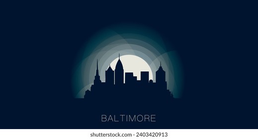 USA United States Baltimore cityscape skyline city panorama vector flat modern banner illustration. US Maryland state emblem idea with landmarks and building silhouette at sunrise sunset night