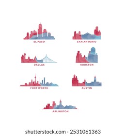 USA, United States cities skyline vector logo, icon set. Texas state El Paso, San Antonio, Dallas, Houston, Fort Worth, Austin, Arlington silhouette. America graphic collection 