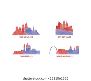 EE.UU., logotipo del Vector del horizonte de las ciudades de Estados Unidos, conjunto de iconos. Ohio, Indiana estado Cleveland, Cincinnati, Columbus, Indianápolis silueta. Colección gráfica de América 