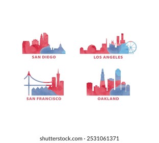 EE.UU., logotipo del Vector del horizonte de las ciudades de Estados Unidos, conjunto de iconos. Estado de California San Diego, San Francisco, Los Ángeles, Oakland silueta. Gráfico aislado América colección 