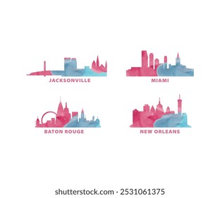 USA, United States cities skyline vector logo, icon set. Florida, Louisiana state Jacksonville, Miami, Baton Rouge, New Orleans silhouette. America graphic collection 