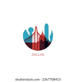 USA United States Dallas cityscape skyline capital city panorama vector flat modern logo icon. US Texas American state emblem idea with landmarks and building silhouettes