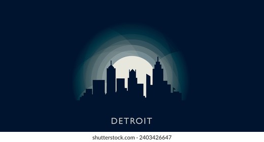 USA United States Detroit cityscape skyline city panorama vector flat modern banner illustration. US Michigan state emblem idea with landmarks and building silhouette at sunrise sunset night